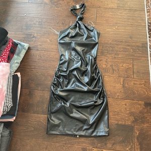 M faux leather halter tight mini dress